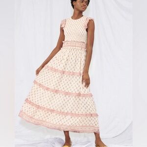 Saylor Hal Dress Tiered Midi Maxi Floral Pink White Cotton Sundress Resortwear